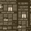 Seamless Christmas newspaper black background pattern. Old paper retro style. Vector illustration decoration design Royalty Free Stock Photo