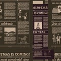 Seamless Christmas newspaper black background pattern. Old paper retro style. Vector illustration decoration design Royalty Free Stock Photo