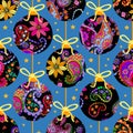 Seamless Christmas ornament with black Christmas balls, decorated with a bright pattern of paisley and flowers Royalty Free Stock Photo