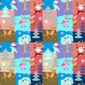 Seamless Christmas patchwork pattern with Santa Claus, funny deer, polar bear and lovely raccoons on skates in winter forest.