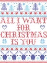 Seamless Christmas pattern All I want for Christmas is you, inspired by Norwegian Christmas, festive winter in cross stitch Royalty Free Stock Photo