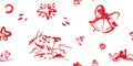 Seamless Christmas pattern, background with red graphics from nativity scene: Jesus Christ in manger with animals, star of Royalty Free Stock Photo