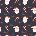 Seamless christmas pattern. Background with with santa claus head, mistletoe and candies . Perfect for wrapping paper, greeting Royalty Free Stock Photo