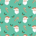 Seamless christmas pattern. Background with with santa claus head, mistletoe and candies . Perfect for wrapping paper, greeting Royalty Free Stock Photo