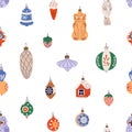 Seamless Christmas pattern with baubles in retro style. Vintage Xmas ornament background. New Year toys repeating print