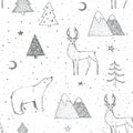 Seamless Christmas pattern with black bear, reindeer / deer, mountains, moon, spruce on white background Royalty Free Stock Photo