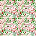 Seamless Christmas pattern with branches of spruce, holly leaves, berries and the text Merry Christmas. Royalty Free Stock Photo
