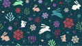Seamless Christmas pattern with bunny, bird, trees and snowflakes on a dark background
