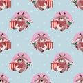 Seamless Christmas pattern with cartoon Reindeer and Christmas tree on light blue background in flat style. EPS. Vector Royalty Free Stock Photo