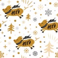 Seamless Christmas pattern with cute cartoon Christmas pig snowflakes gold black colors