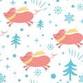 Seamless Christmas pattern with cute cartoon pig snowflakes blue pink colors