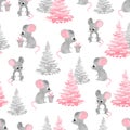 Seamless Christmas pattern with cute watercolor mouse.