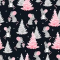 Seamless Christmas pattern with cute watercolor mouse and tree.