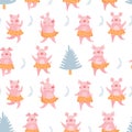 Seamless Christmas pattern with dancing pigs and Christmas trees. Royalty Free Stock Photo
