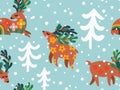 Seamless Christmas pattern with deers in the forest on light blue background Royalty Free Stock Photo