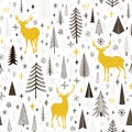 Seamless Christmas pattern with deers, snowflakes and spruce Royalty Free Stock Photo