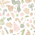 Seamless christmas pattern in doodle style. Repeat ornament background with winter items. Hand drawn decor Royalty Free Stock Photo
