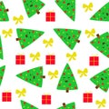 Seamless Christmas pattern of fir trees decorated with bows and gifts on a white background Royalty Free Stock Photo