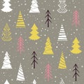 Seamless Christmas pattern with fir-trees, snowflakes and snow