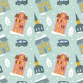 Seamless christmas pattern in flat style with cozy snow-covered houses and trees Royalty Free Stock Photo
