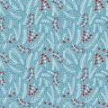 Seamless Christmas pattern with floral winter frost lace ornament white red on blue. Beautiful vintage background Royalty Free Stock Photo
