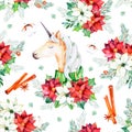 Seamless Christmas pattern with flowers,cute unicorn,leaves,branches,cotton flowers Royalty Free Stock Photo