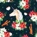 Seamless Christmas pattern with flowers,cute unicorn Royalty Free Stock Photo