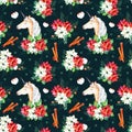 Seamless Christmas pattern with flowers,cute unicorn Royalty Free Stock Photo