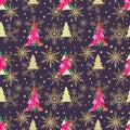 Seamless Christmas pattern with geometric trees and golden snowflakes on purple background Royalty Free Stock Photo