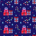 Seamless Christmas pattern with gift boxes, stars, garlands and confetti. Royalty Free Stock Photo
