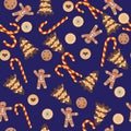 Seamless Christmas pattern with gingerbread man, cookies