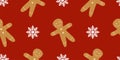 Seamless Christmas pattern with Gingerbread man and snowflake on red background. Holiday colors Vector Background. Flat style Royalty Free Stock Photo