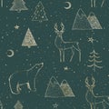 Seamless Christmas pattern with gold bear, reindeer / deer, mountains, moon, spruce on green background Royalty Free Stock Photo