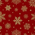 Seamless christmas pattern with gold glitter snowflakes on red background