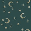 Seamless Christmas pattern with gold moon and stars on green background Royalty Free Stock Photo