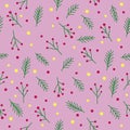 Seamless christmas pattern with green fir twigs, red berries, spruce tree sprig yellow stars and circles on pink background, vecto Royalty Free Stock Photo