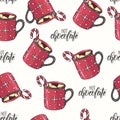 Seamless Christmas Pattern With Hand Drawn Colored Cup Of Hot Chocolate With Marshmallow And Candy. Lettering Phrase