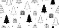 Seamless Christmas Pattern with Hand Drawn Fir Trees and Gift Boxes Royalty Free Stock Photo
