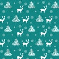 Seamless Christmas pattern hand drawn realistic reindeers, fir trees, snowflakes, white silhouette on turquoise background