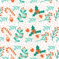 Seamless Christmas pattern hand drawn vector illustration candy cane, mistletoe, nut, joy lettering. Decorative repeating Royalty Free Stock Photo