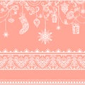 Seamless christmas pattern with hanging decoration. toys, gift, stocking, snowflake, bird and seamless lace border Royalty Free Stock Photo