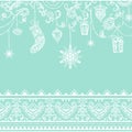Seamless christmas pattern with hanging decoration. toys, gift, stocking, snowflake, bird and seamless lace border Royalty Free Stock Photo
