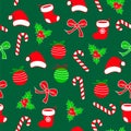 Seamless christmas pattern with lolipop candy, christmas ball, santa claus socks and hat, bow ribbon and holly berries red, white Royalty Free Stock Photo