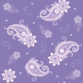 Seamless christmas pattern on light lilac background. Paisley-shaped snow whirls and mandala-shaped snowflakes