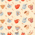 Seamless Christmas pattern with mugs of cacao with marshmallow, gifts, ginger cookie and lollipop.