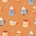 Seamless Christmas pattern with mugs of cacao with whipped cream, marshmallow; lollipop and holly leaves.