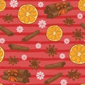 Seamless Christmas pattern with oranges, cinnamon and anise