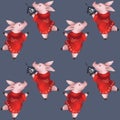 Seamless Christmas pattern. Pig in a red sweater with a Christmas tree toy. on gray blue background. Royalty Free Stock Photo