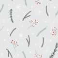 Seamless Christmas pattern with pine branches, snowflakes and red berries twig.