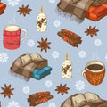 Seamless Christmas pattern with plaids, cups, candles and snowflakes.